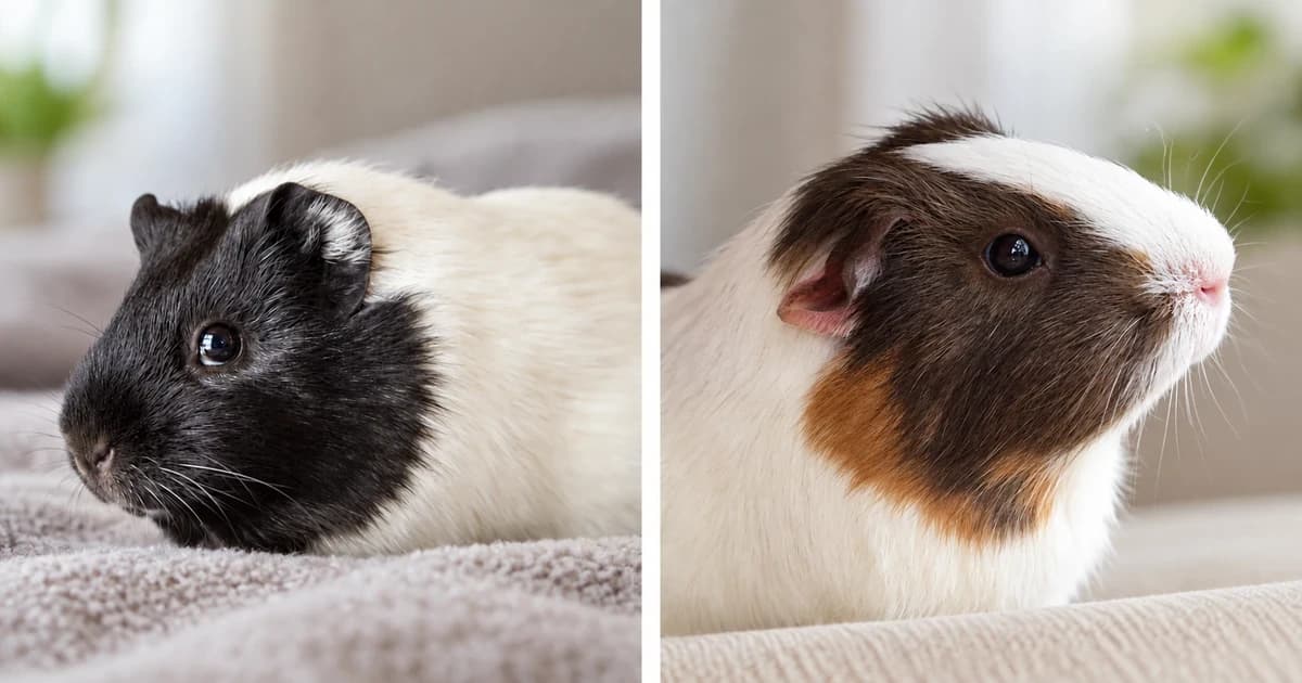 Separate portraits of a black-and-white guinea pig and a brown-and-white guinea pig, divided by a pale gutter.