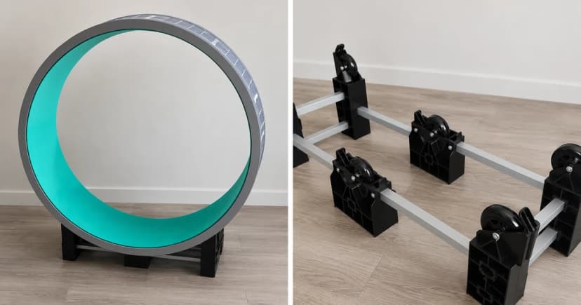 A full cat exercise wheel and a separate roller-base detail.
