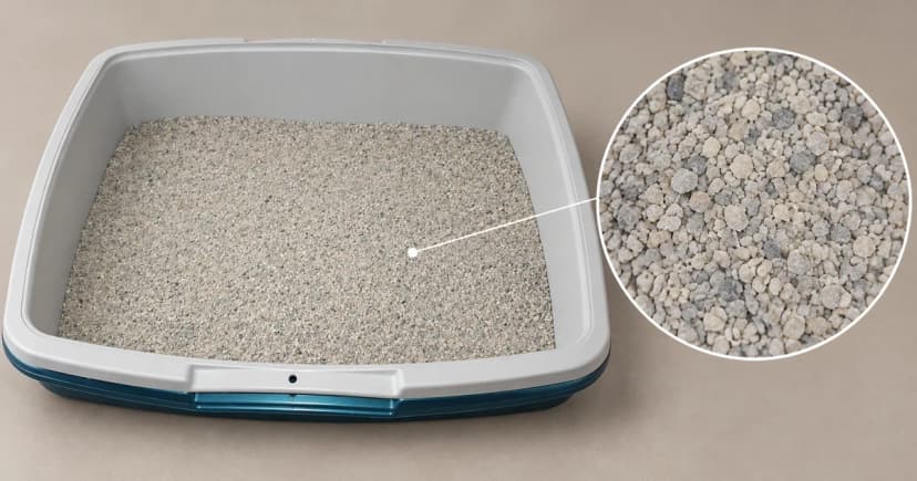 An open litter tray with a separate close view of its granules.