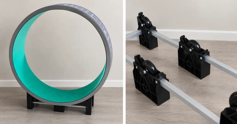 A full cat exercise wheel and a separate roller-base detail.