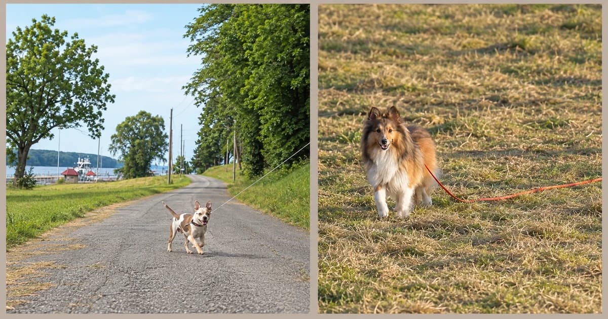 Separate outdoor views of a small tan-and-white dog on a road and a Shetland sheepdog with a red line on grass.