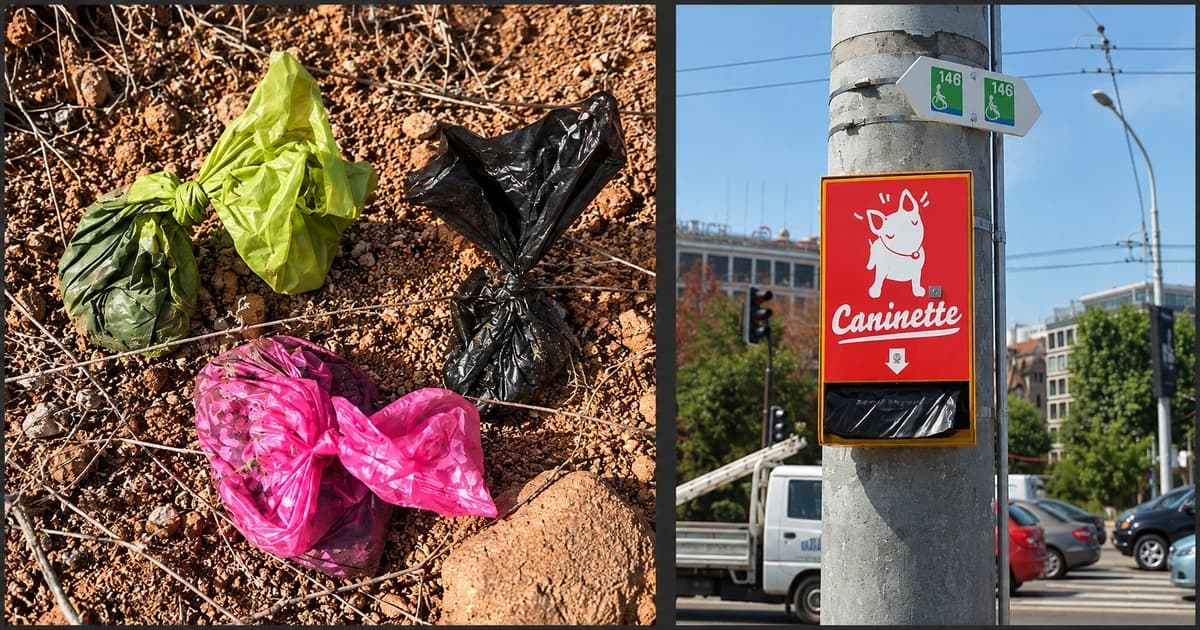 Separate views of tied waste bags on a dirt trail and a red public dog-bag dispenser on a street pole.