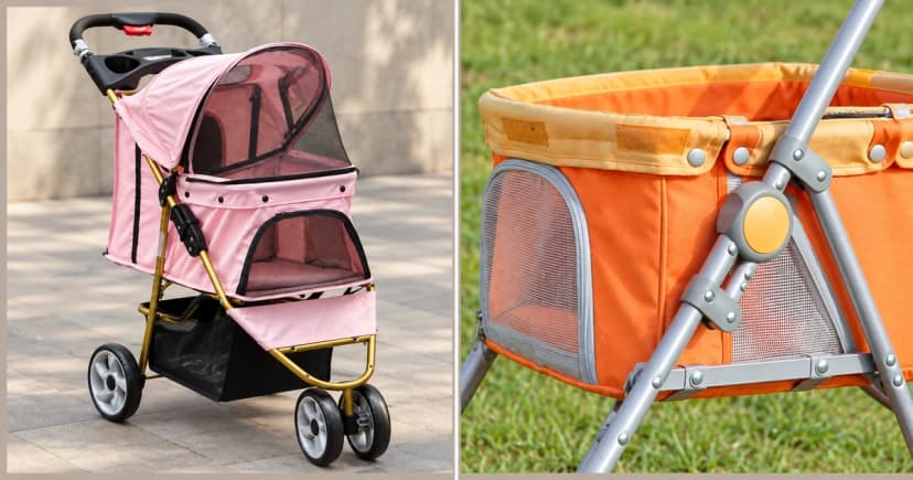 Separate views of a pink stroller with a gold frame and orange fabric beside a silver stroller frame joint.