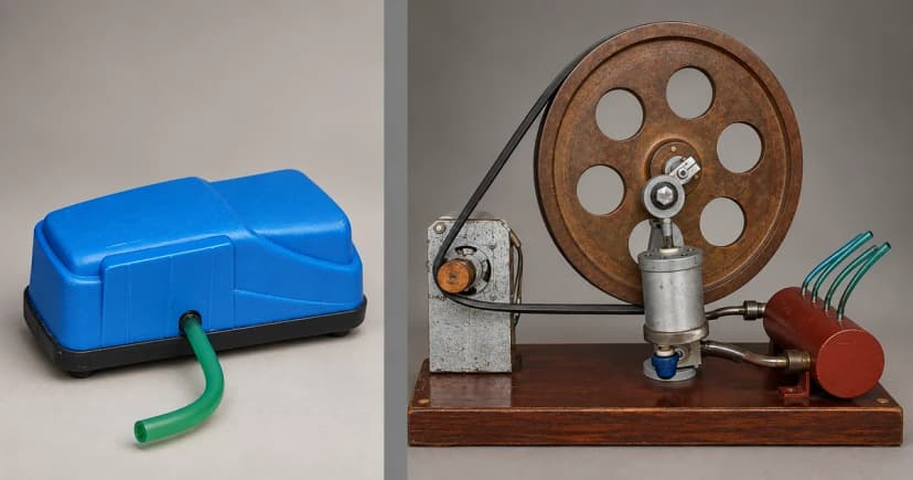 A blue enclosed aquarium air pump and a separate historical exposed belt-driven pumping apparatus in two panels.