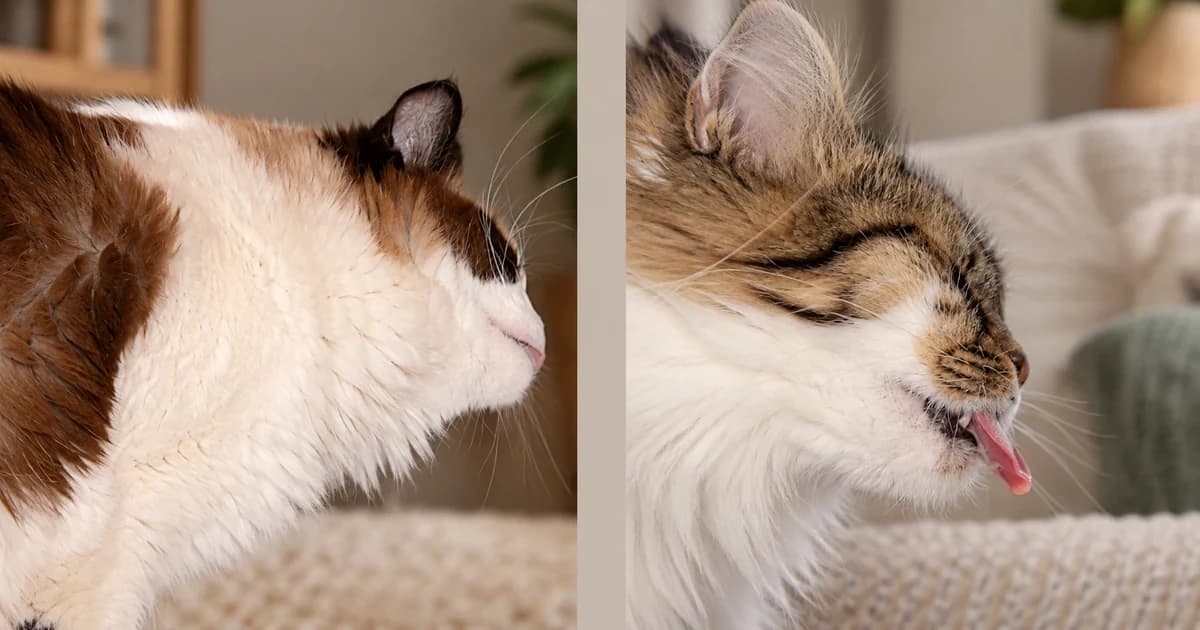 Two separate side-profile cat portraits in ordinary indoor surroundings.