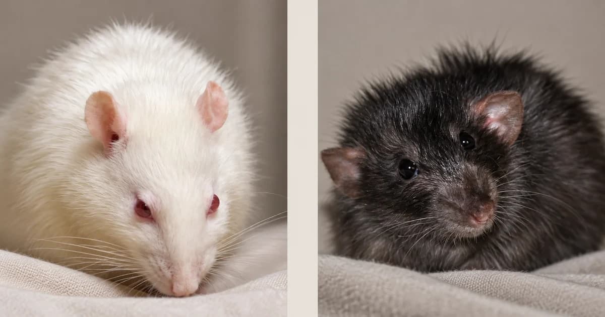 White and dark-furred rats in separate ordinary portrait scenes.