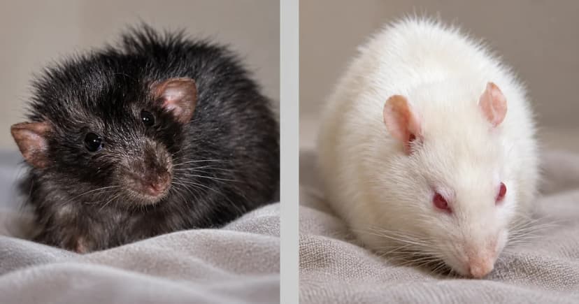 Dark and white rats in two separate ordinary indoor portraits.