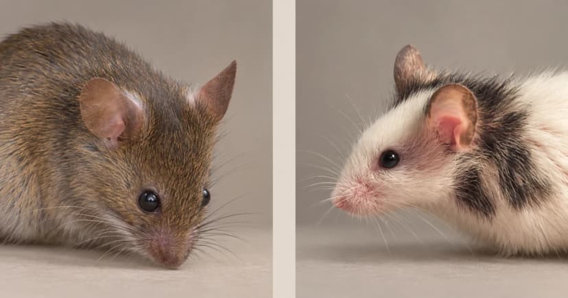 Brown and white-and-dark mice in two separate close portrait scenes.