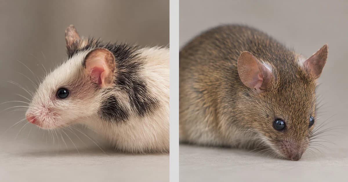 A patched mouse and a brown mouse in separate close portrait scenes.