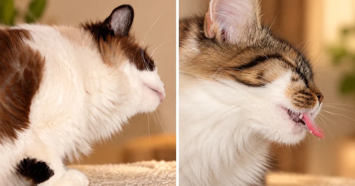 Two independent close portraits of a white-and-brown cat and a tabby-and-white cat.