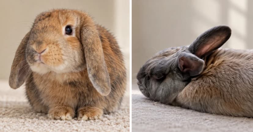 Two separate rabbit portraits, a brown lop facing forward and a grey rabbit in side view.