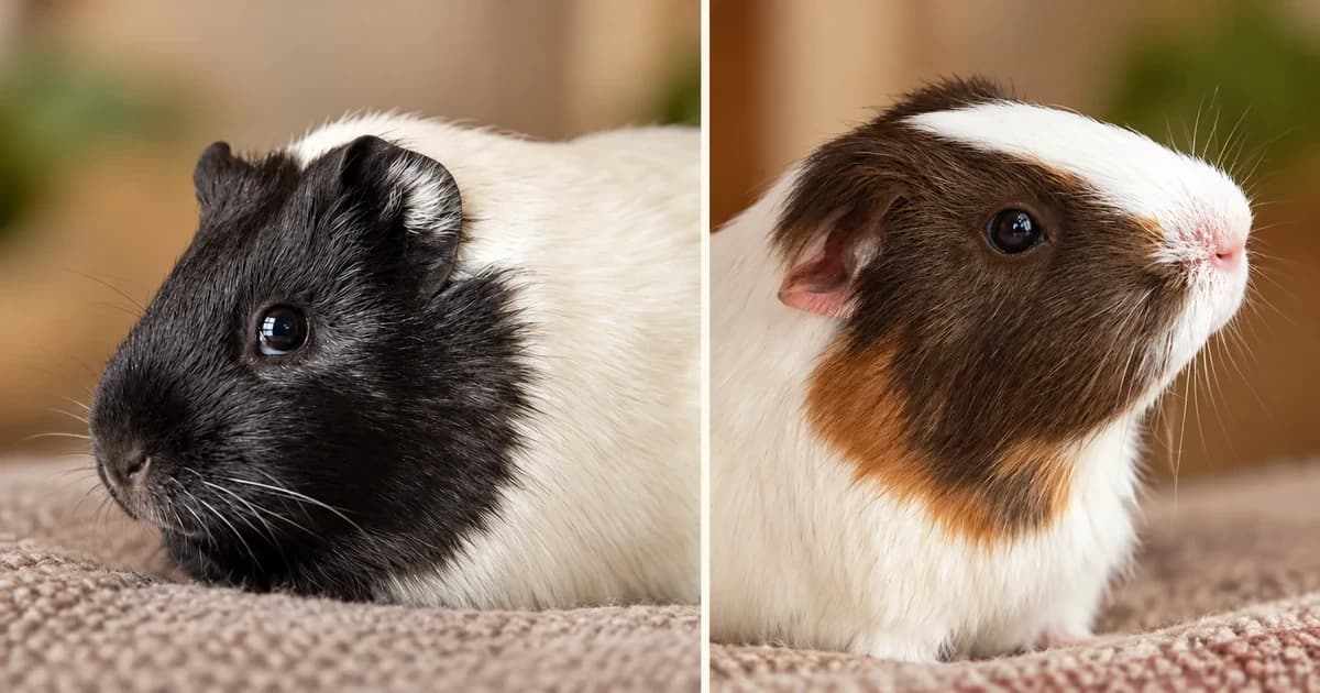 Two independent guinea pig portraits, one black and white and one tricolour.