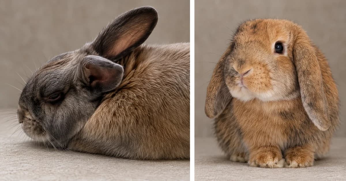 Two separate rabbit portraits, a gray-brown rabbit in side view and a tan lop facing forward.