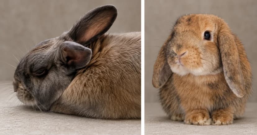 Two separate rabbit portraits, a gray-brown rabbit in side view and a tan lop facing forward.