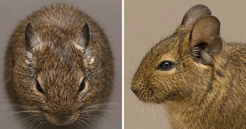 Two separate brown degu portraits, one facing down and one in side profile.