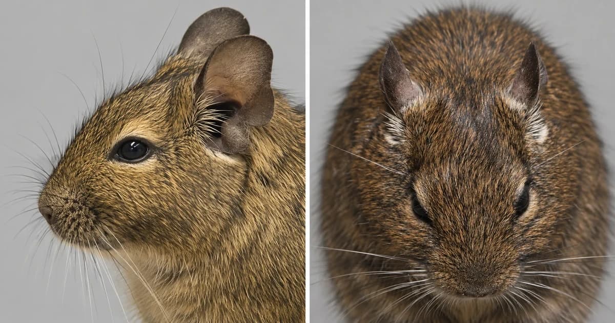 Two separate close portraits of brown degus.