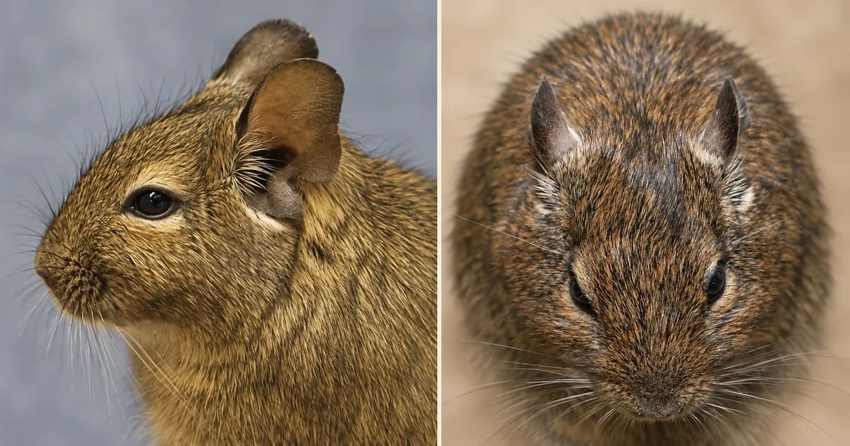 Two separate brown degu head portraits, one in side view and one facing forward.