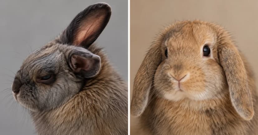Separate portraits of a gray-brown rabbit in profile and a tan lop rabbit facing forward.