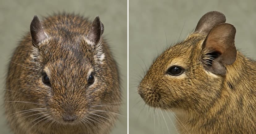 Two separate brown degu portraits, one facing forward and one in side profile.