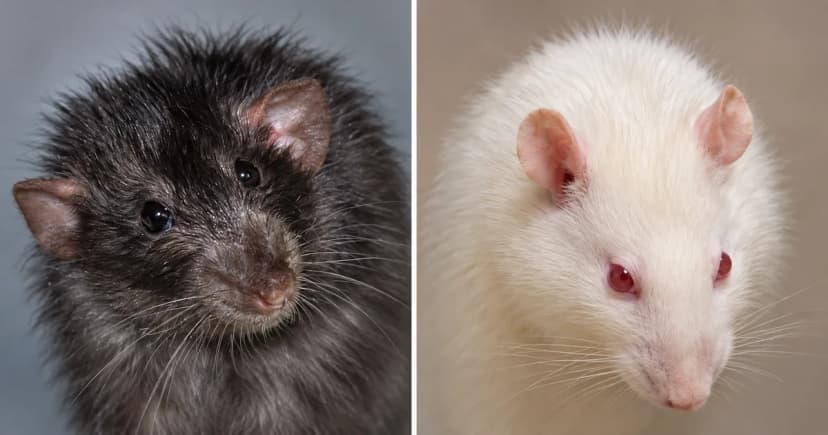 Separate portraits of a dark longhaired fancy rat and a white rat with pink-red eyes.