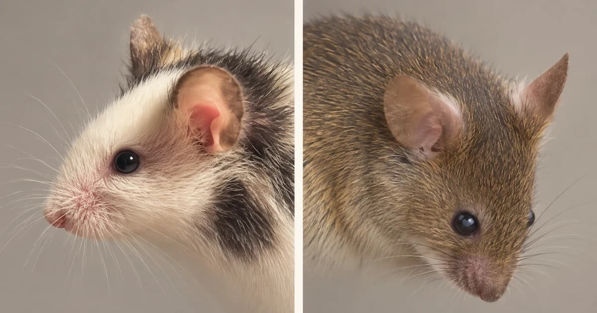 Separate close portraits of a white-and-dark mouse and a brown mouse.