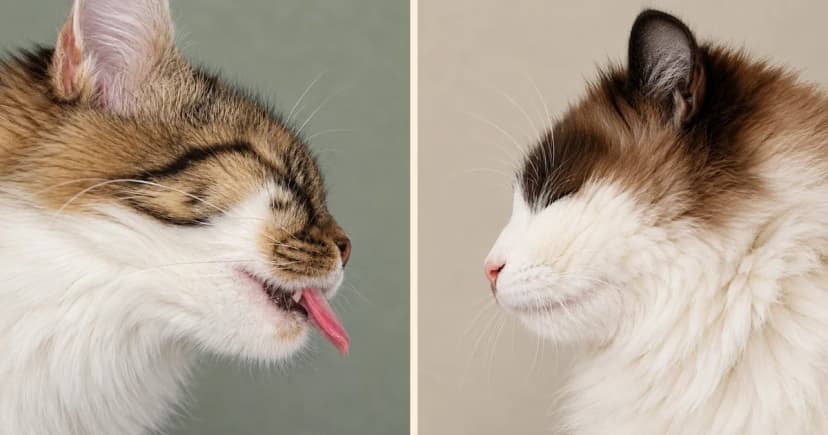 Separate cat portraits: a tabby-and-white cat with tongue extended and a brown-and-white cat in profile.