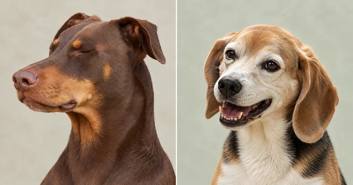 Separate portraits of a brown Doberman with closed eyes and a tricolor Beagle with an open mouth.
