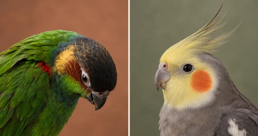 Separate portraits of a lowered green parrot and a yellow-faced gray cockatiel.