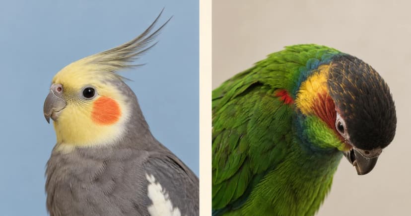 Separate portraits of a yellow-faced gray cockatiel and a green parrot with its head lowered.