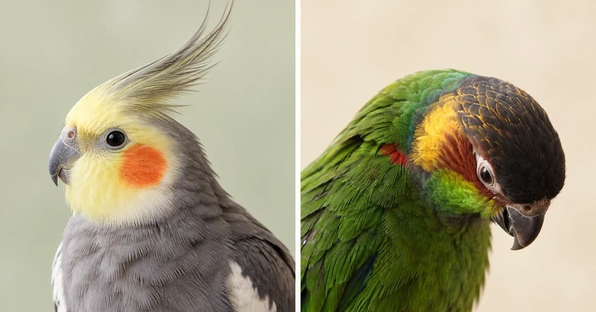 Separate portraits of a gray yellow-faced cockatiel and a lowered green parrot.