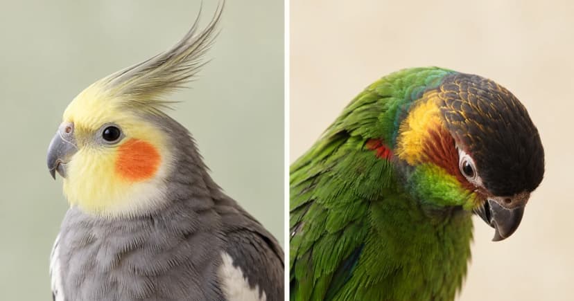 Separate portraits of a gray yellow-faced cockatiel and a lowered green parrot.