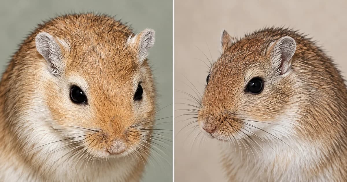Separate close portraits of two brown gerbils against independent muted backgrounds.