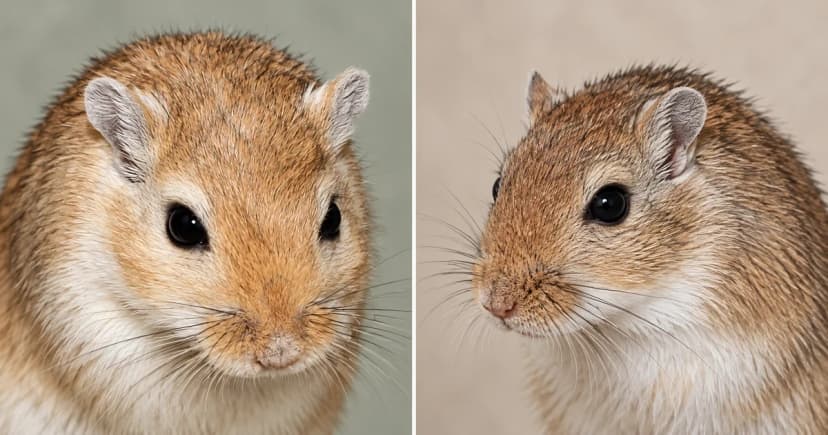 Separate close portraits of two brown gerbils against independent muted backgrounds.