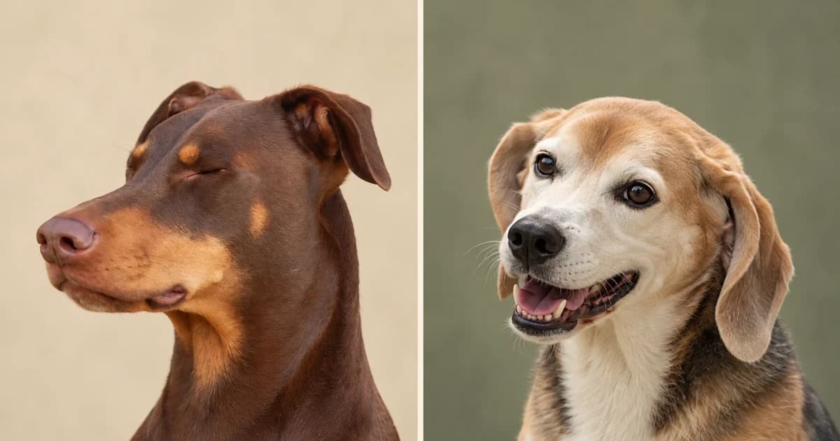 Separate portraits of a brown Doberman with closed eyes and an open-mouthed tricolor Beagle.