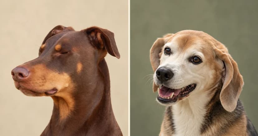 Separate portraits of a brown Doberman with closed eyes and an open-mouthed tricolor Beagle.