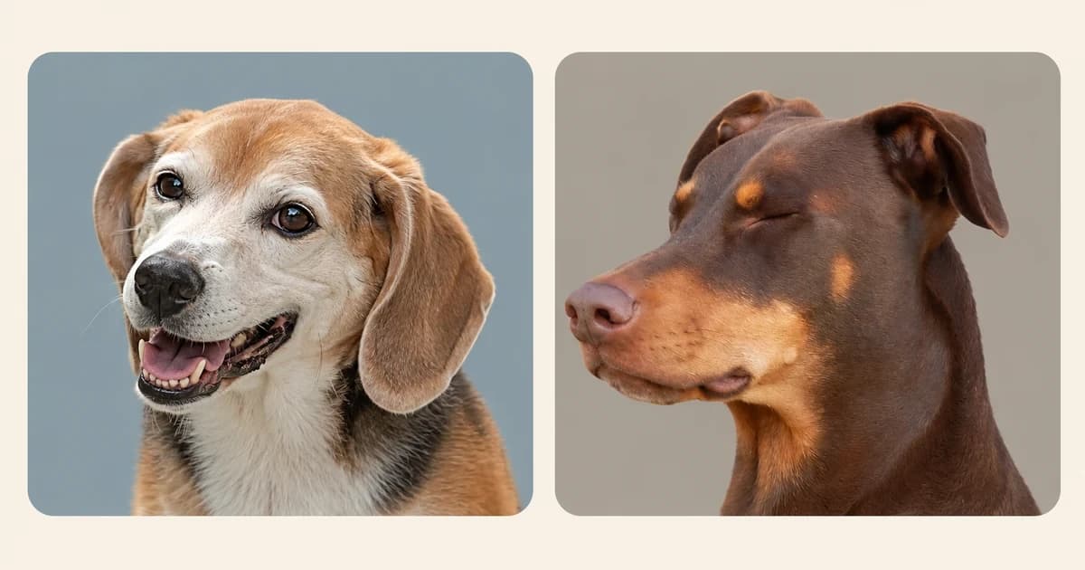 Independent portraits of a tricolor Beagle and a brown Doberman in separate rounded panels.