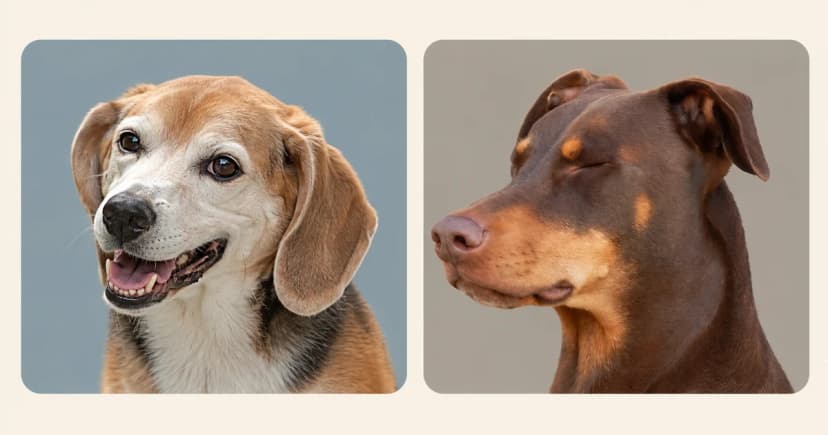 Independent portraits of a tricolor Beagle and a brown Doberman in separate rounded panels.
