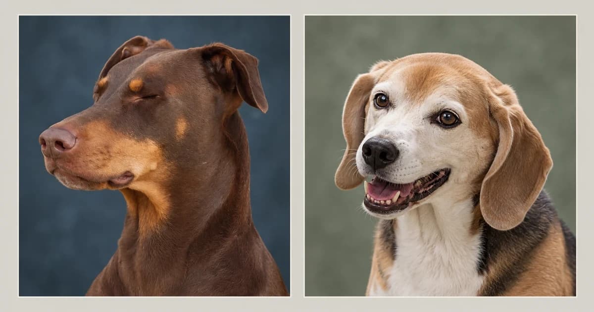 Independent portraits of a brown Doberman and a tricolor Beagle in separate rectangular panels.
