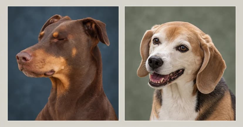 Independent portraits of a brown Doberman and a tricolor Beagle in separate rectangular panels.