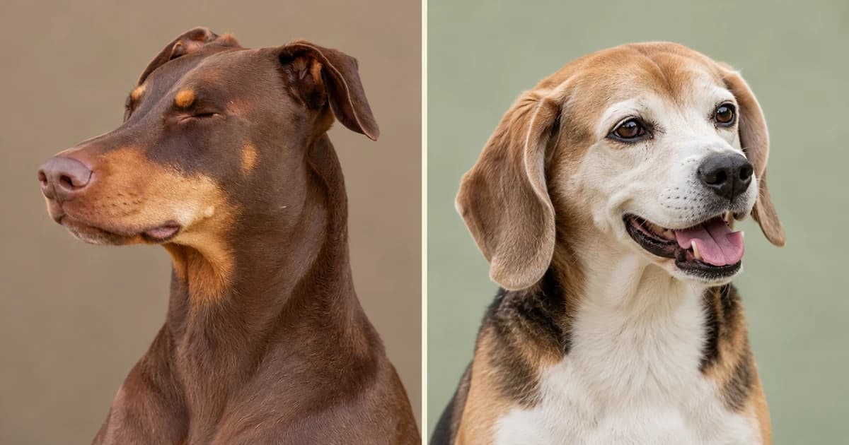 Separate head-and-chest portraits of a brown Doberman and a tricolor Beagle.