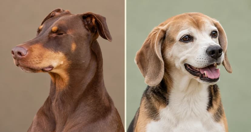 Separate head-and-chest portraits of a brown Doberman and a tricolor Beagle.