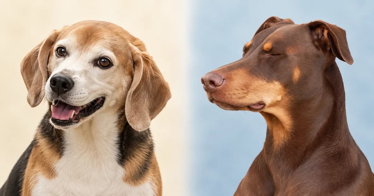 Separate portraits of a tricolor Beagle and a brown Doberman against pale backgrounds.