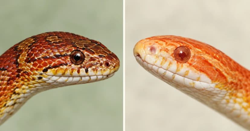 Separate close portraits of two corn snakes.