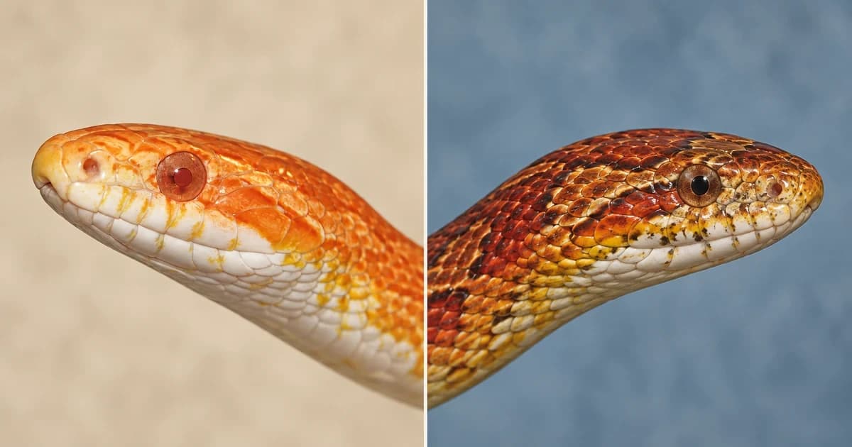 Separate portraits of orange-white and brown-red corn snakes.