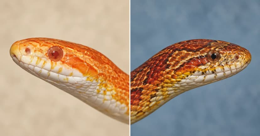 Separate portraits of orange-white and brown-red corn snakes.