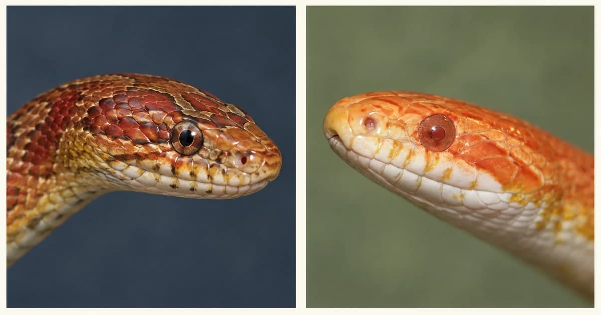 Independent portraits of a brown-red corn snake and an orange-white corn snake.