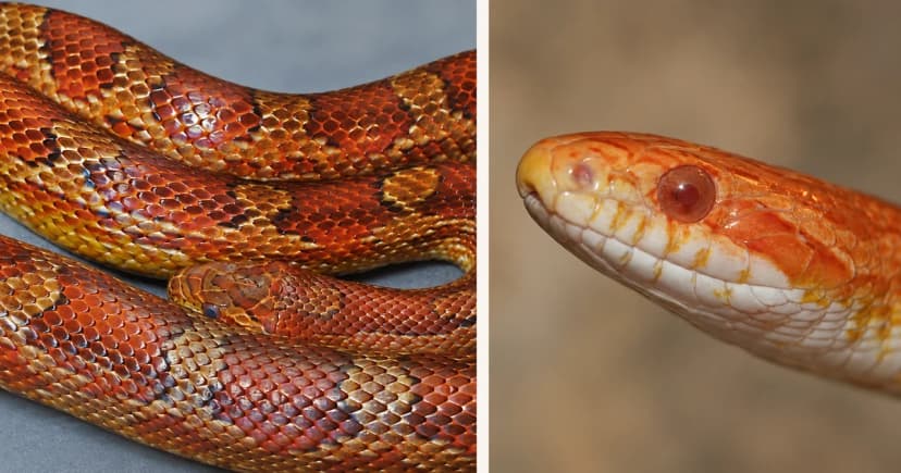Independent corn-snake coil and head portraits.