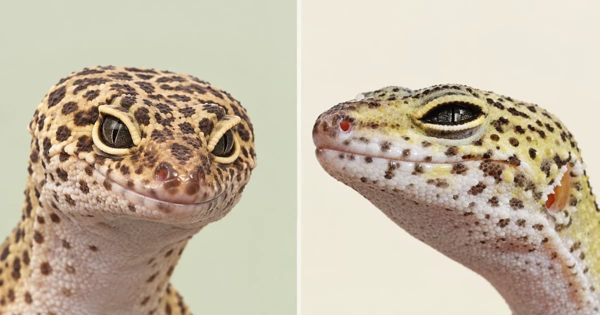 Separate close portraits of two leopard geckos.