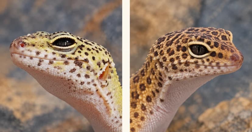Two leopard geckos in separate portrait panels.