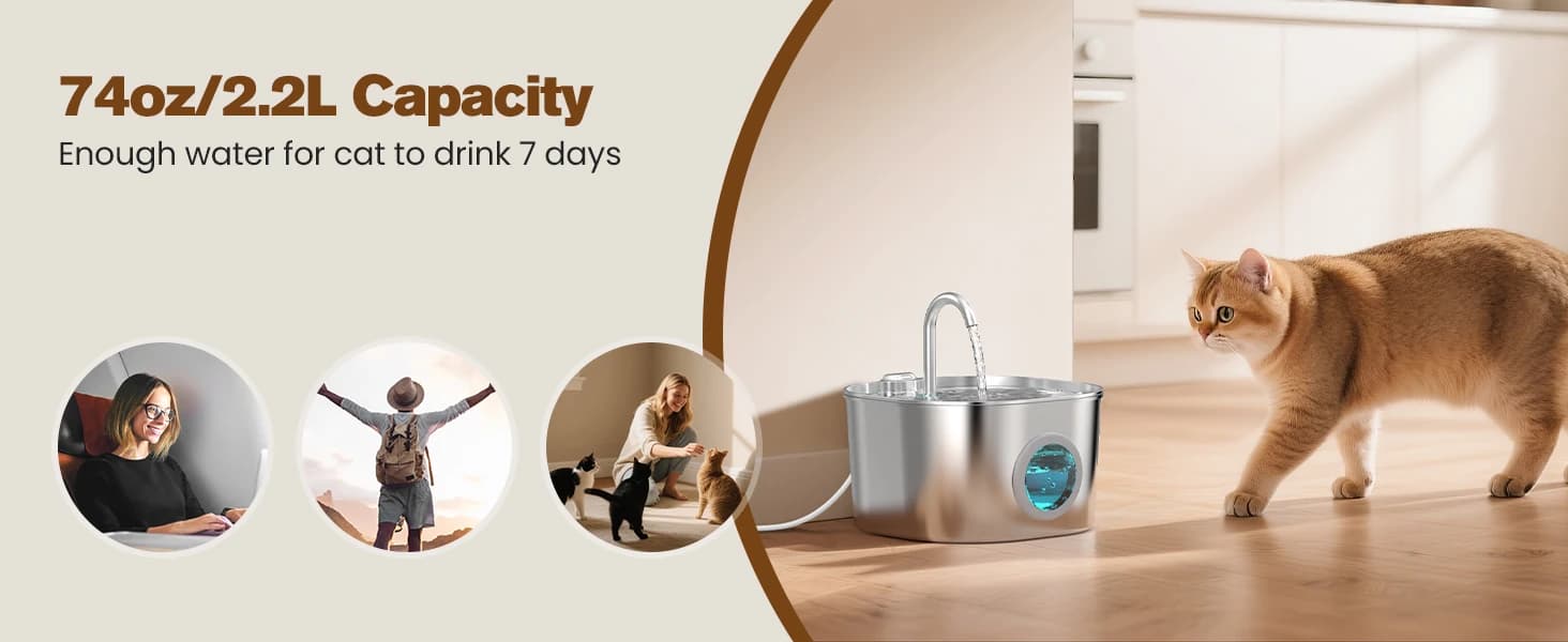 Stainless Steel Cat Water Fountain: Pet Fountains for Cats/Dog Indoor 74oz — product details